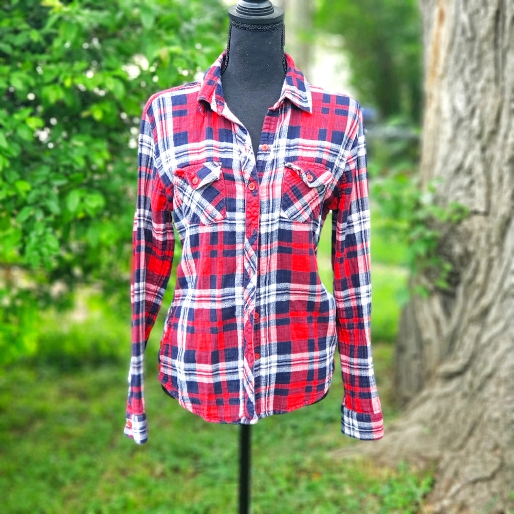 Beachlunchlounge Button Down Plaid Flannel Top